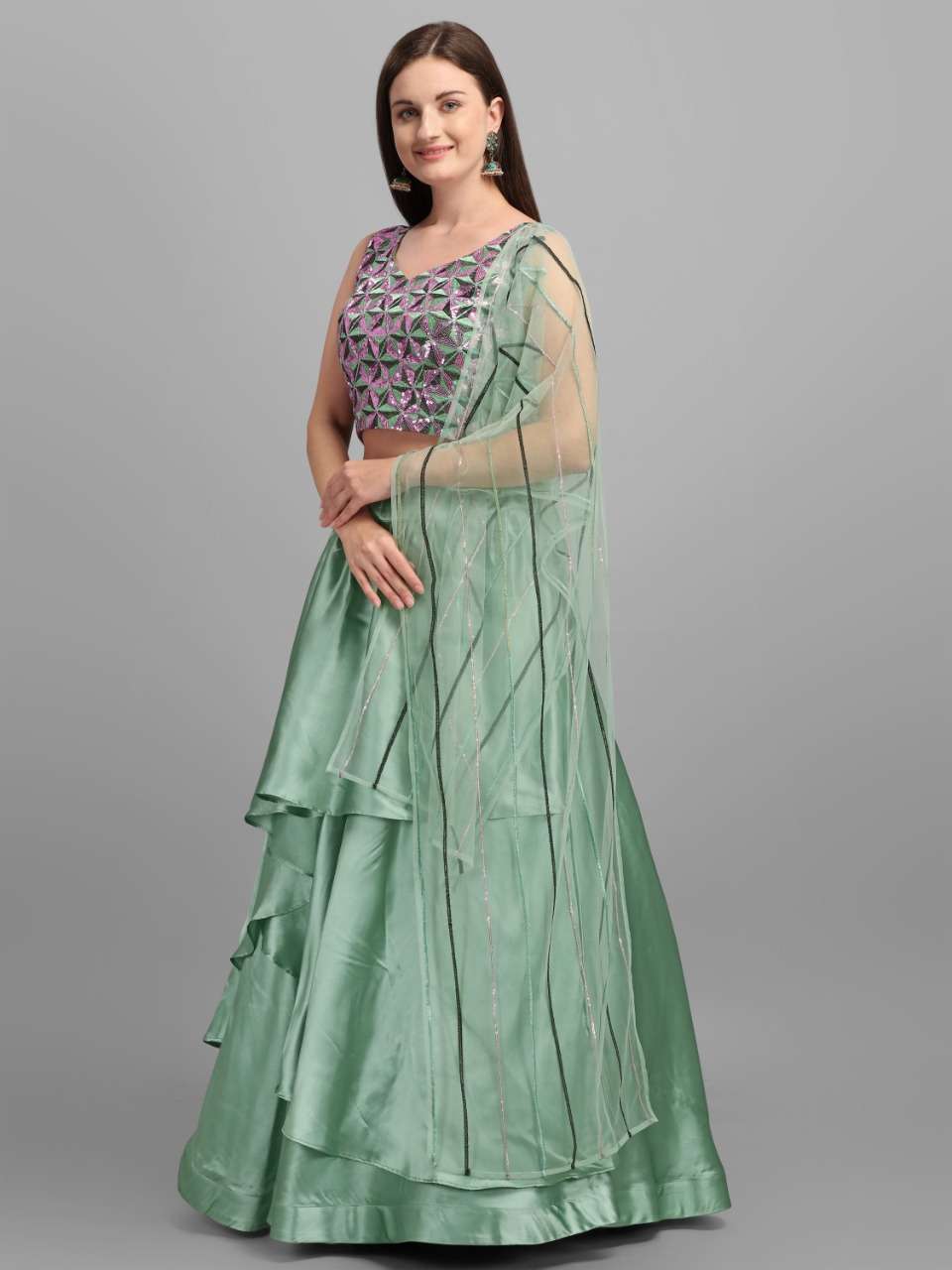 MINT LAYER BY ASLIWHOLESALE DESIGNER FANCY SATIN LEHENGA