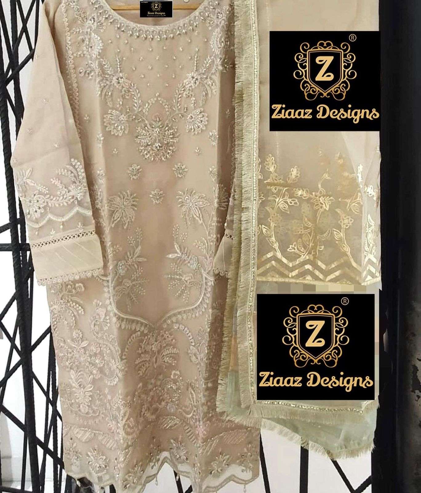 NOOR LIGHT BEIGE VOL-2 BY ZIAAZ DESIGN ORGANZA HEAVY EMBROIDERED PAKISTANI DRESS