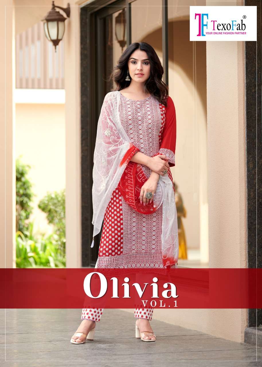 OLIVIA VOL-1 BY TEXO FAB 1001 TO 1004 SERIES RAYON SCHIFFLI STITCHED DRESSES 