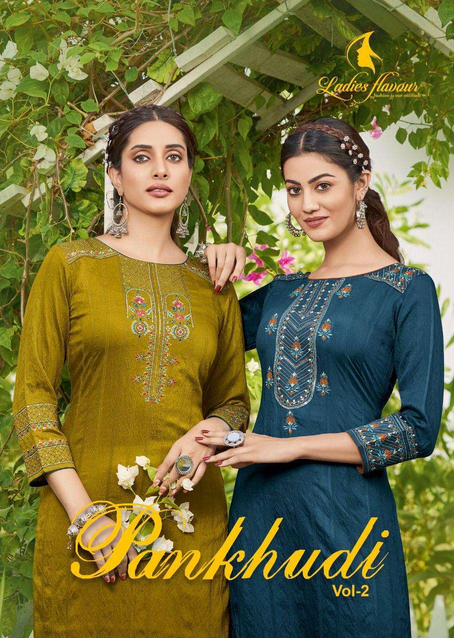 PANKHUDI VOL-2 BY LADIES FLAVOUR 1001 TO 1006 SERIES VISCOSE EMBROIDERY KURTIS