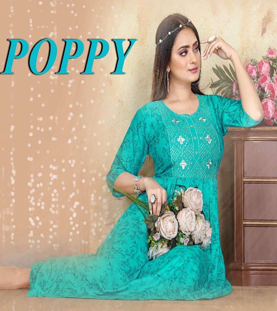 POPPY VOL-1 BY ASLIWHOLESALE 6001 TO 6008 SERIES RAYON PRINT GOWNS