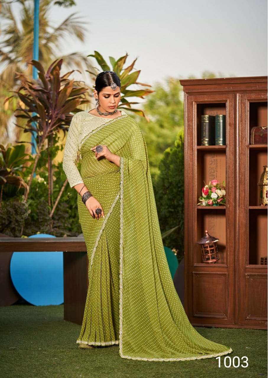 SMRUTI BY STAVAN 1001 TO 1010 SERIES GEORGETTE BANDHNI SEQUENCE SAREES