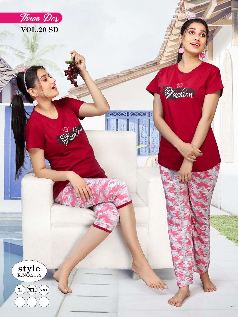 THREE PCS VOL-20 BY FASHION TALK 5176 TO 5181 SERIES COTTON NIGHT SUITS