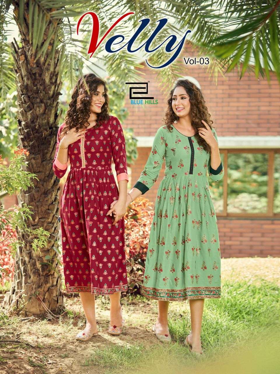 VELLY VOL-4 BY BLUE HILLS 3001 TO 3008 SERIES RAYON PRINT KURTIS