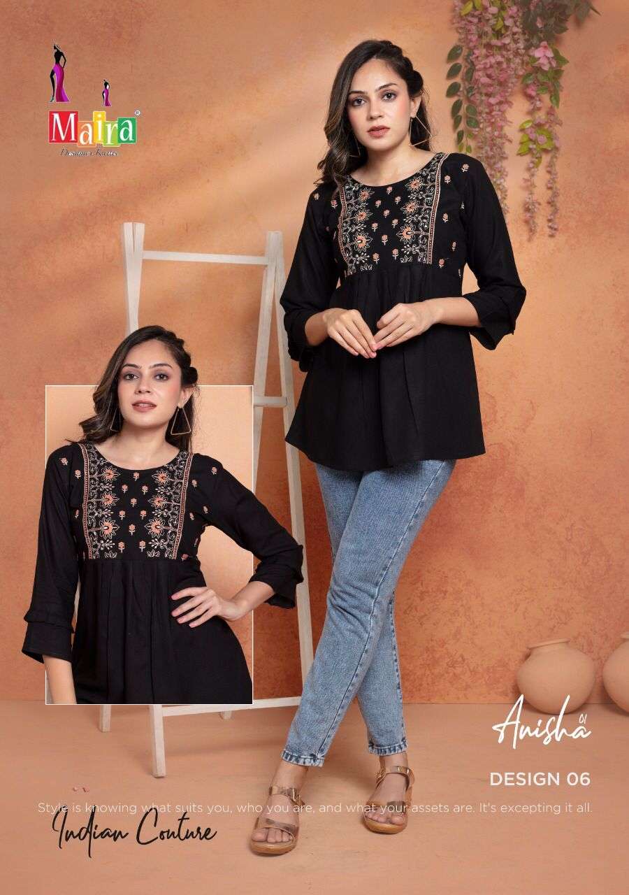 ANISHA VOL-1 BY MAIRA 01 TO 08 SERIES RAYON EMBROIDERED TOPS