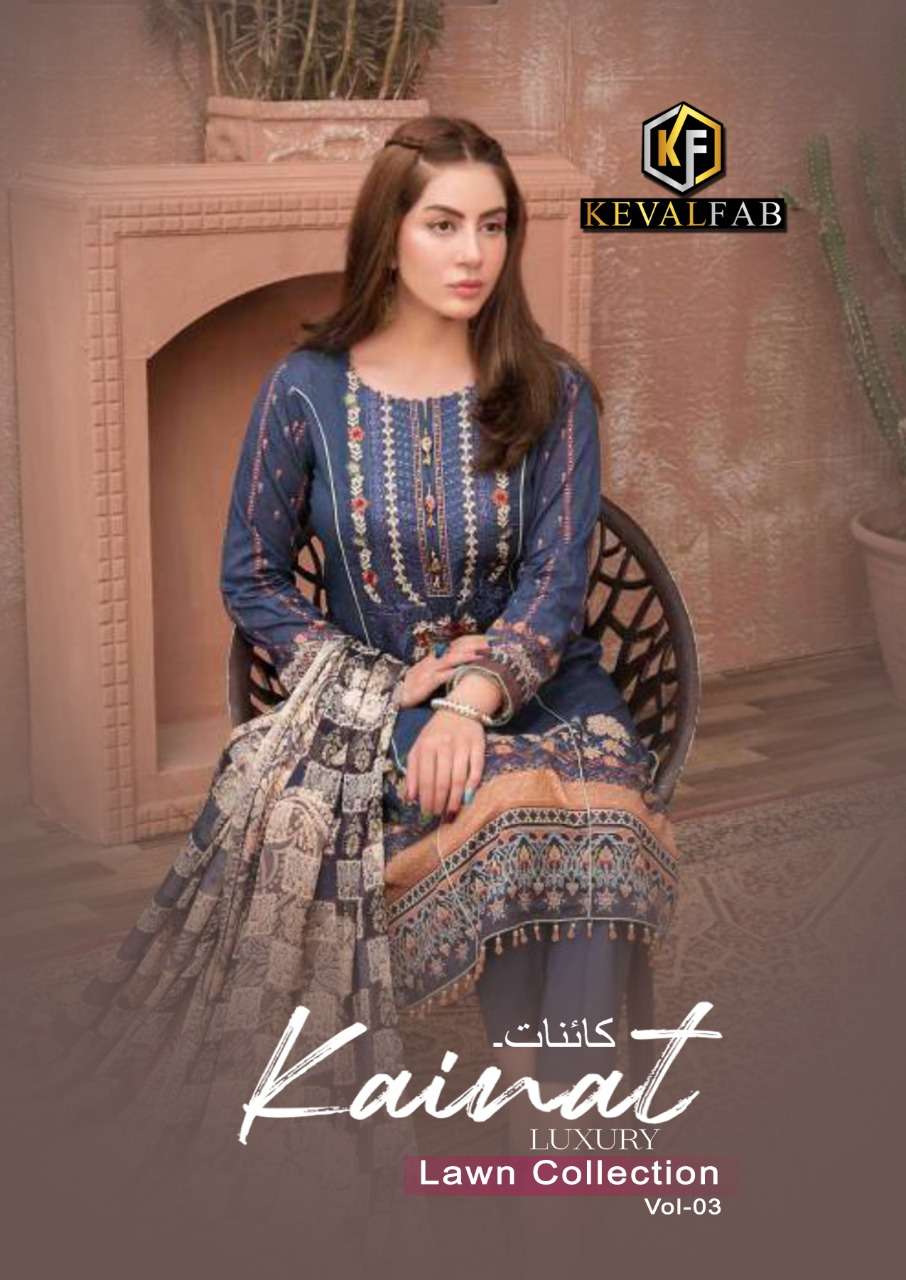 KAINAT LUXURI LAWN VOL-3 BY KEVAL FAB 3001 TO 3006 SERIES LAWN DRESSES