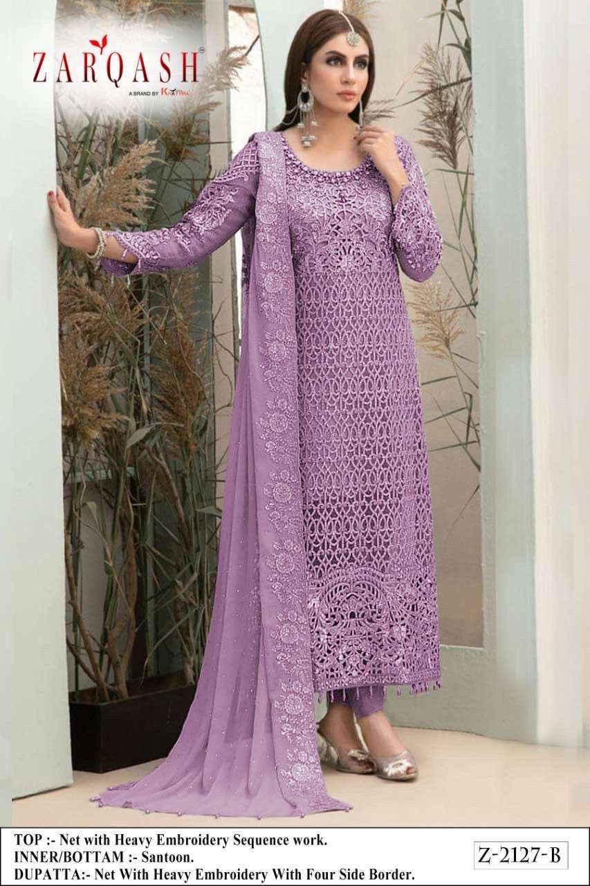 MARIA BY ZARQASH 2127-A TO 2127-C SERIES NET EMBROIDERED DRESSES