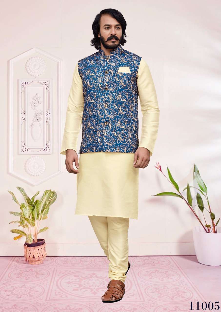 MIRROR VOL-11 BY ASLIWHOLESALE 11001 TO 11009 SERIES ART SILK MENS KURTAS WITH PAJAMA & JACKET