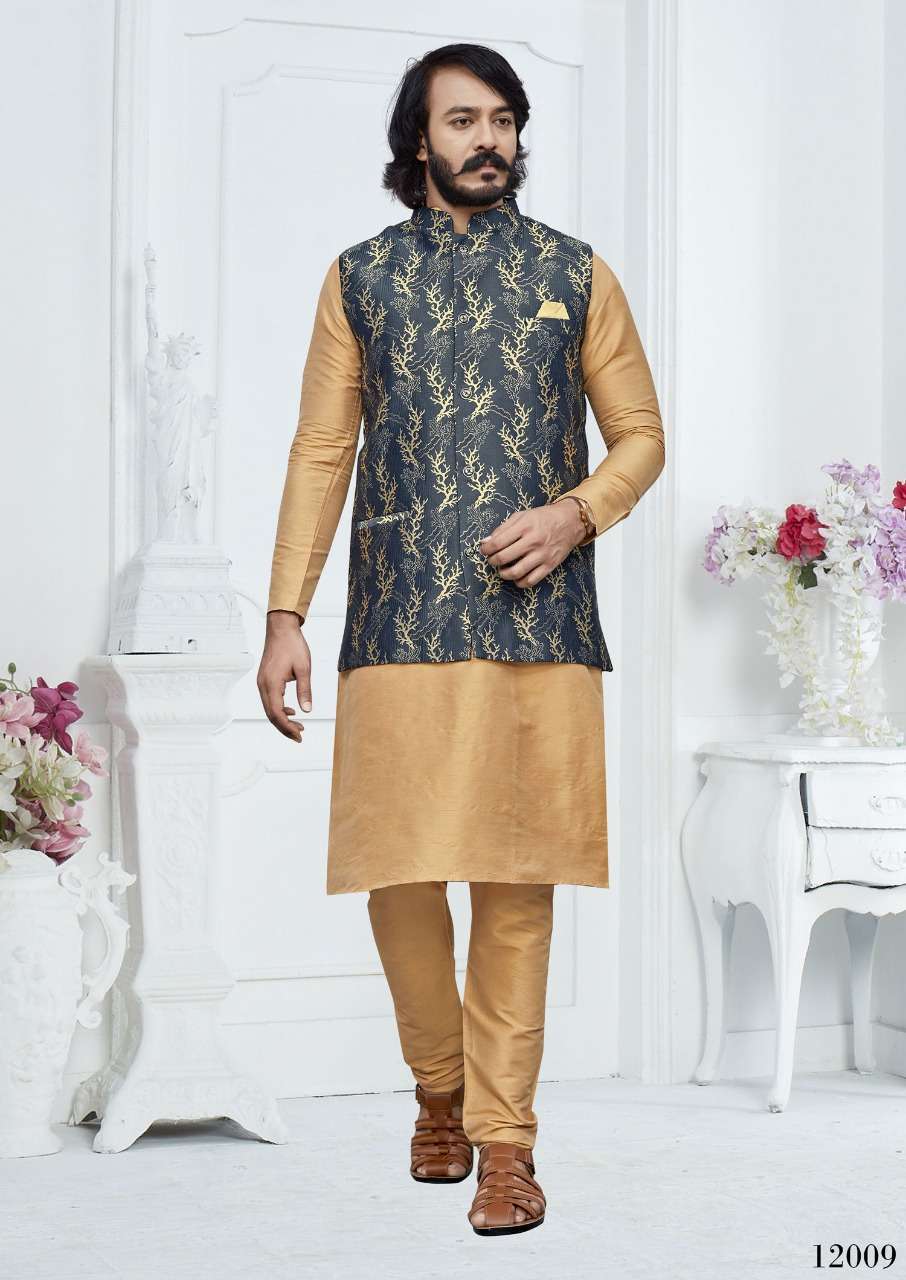 MIRROR VOL-12 BY ASLIWHOLESALE 12001 TO 12010 SERIES ART SILK MENS KURTAS WITH PAJAMA & JACKET