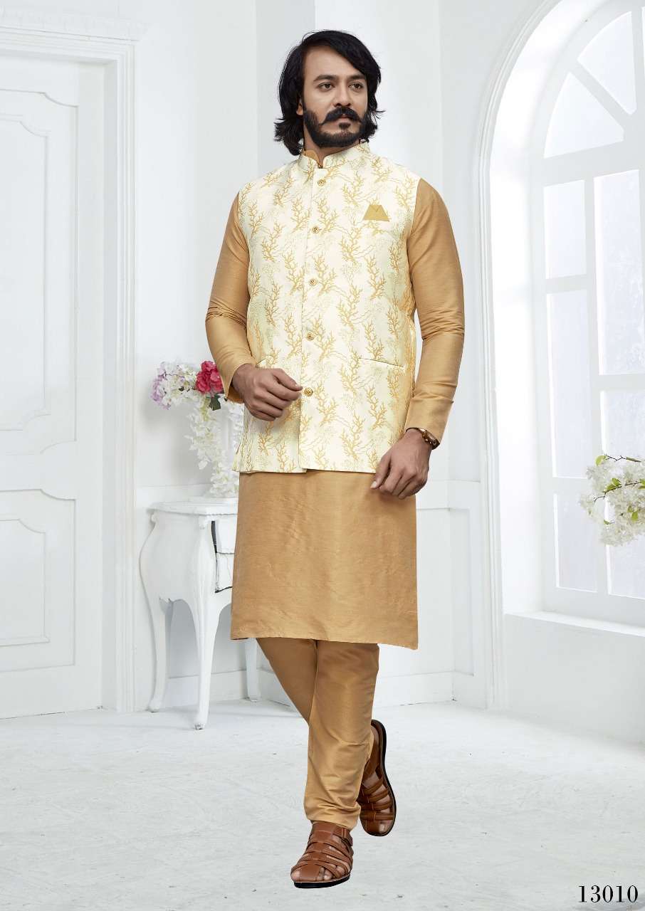 MIRROR VOL-13 BY ASLIWHOLESALE 13001 TO 13010 SERIES ART SILK MENS KURTAS WITH PAJAMA & JACKET