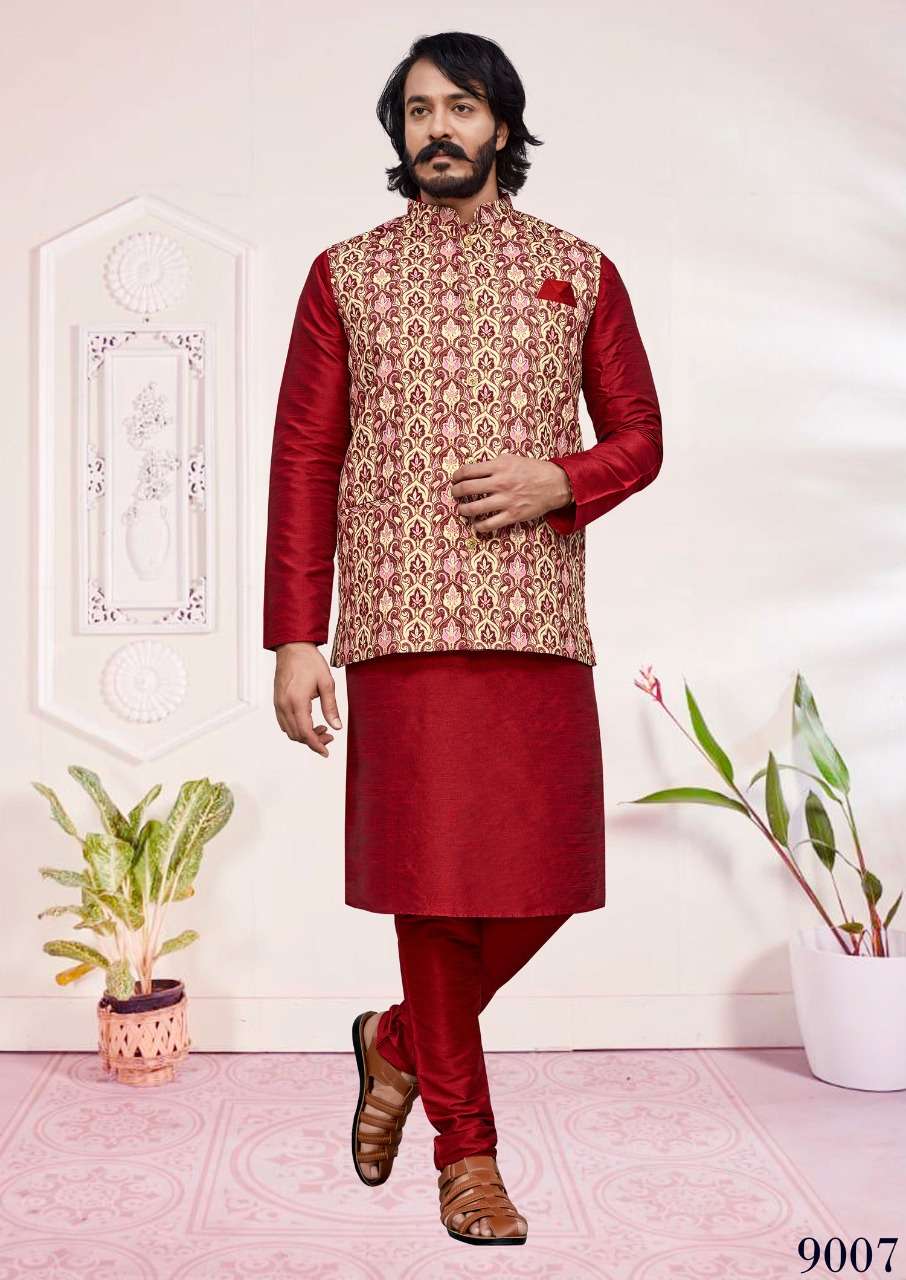 MIRROR VOL-9 BY ASLIWHOLESALE 9001 TO 9010 SERIES ART SILK MENS KURTAS WITH PAJAMA & JACKET