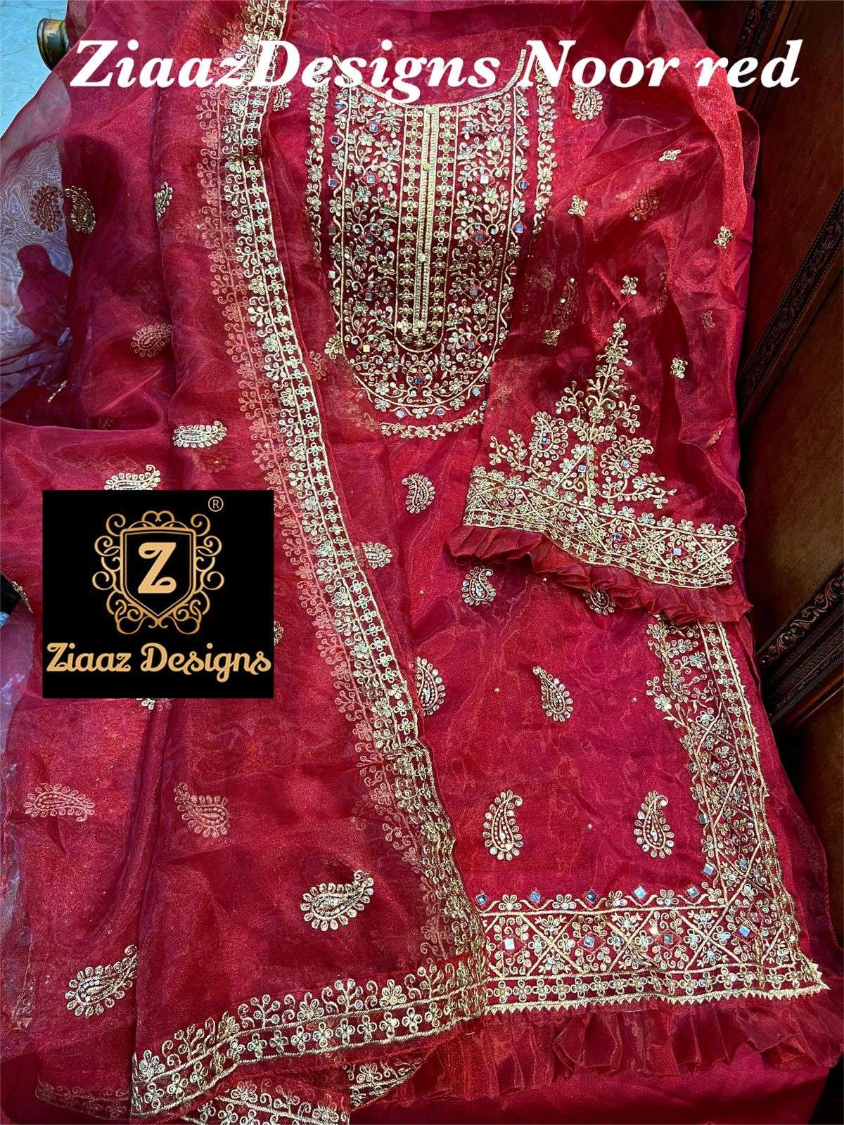 NOOR RED BY ZIAAZ DESIGNS BUTTERFLY NET EMBROIDERED DRESSES