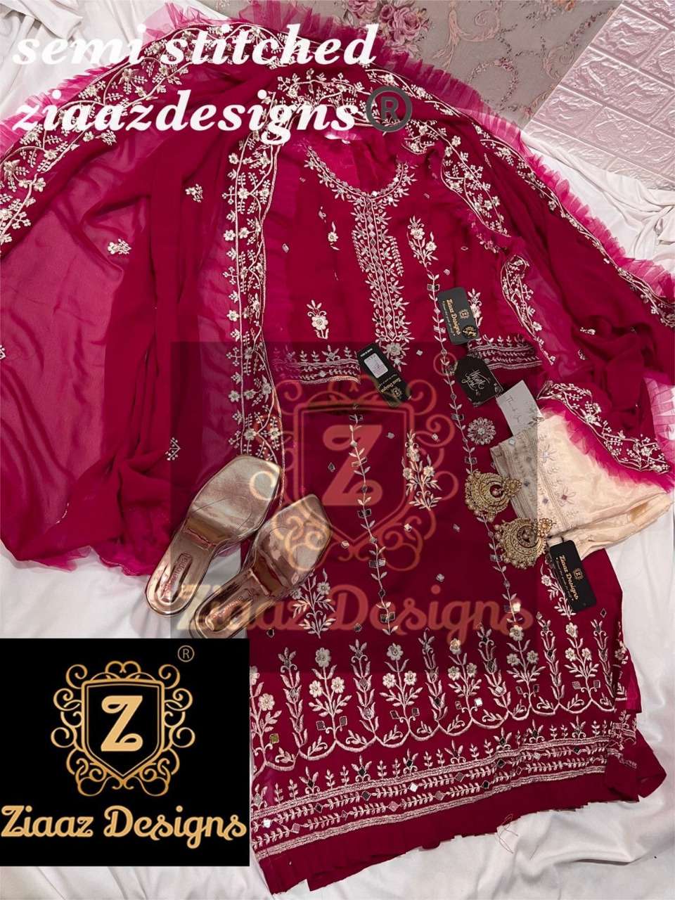 RAANI PINK HIT DESIGN BY ZIAAZ DESIGN GEORGETTE EMBROIDERED MIRROR DRESSES