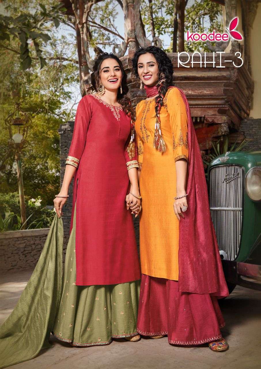 RAHI VOL-1 BY KOODEE 6085 TO 6090 SERIES VISCOSE EMBROIDERY SHARARA DRESSES