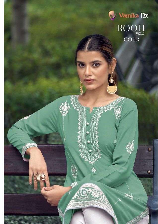 ROOH VOL-2 GOLD BY VAMIKA NX 1111-F TO 1111-J SERIES RAYON KURTIS