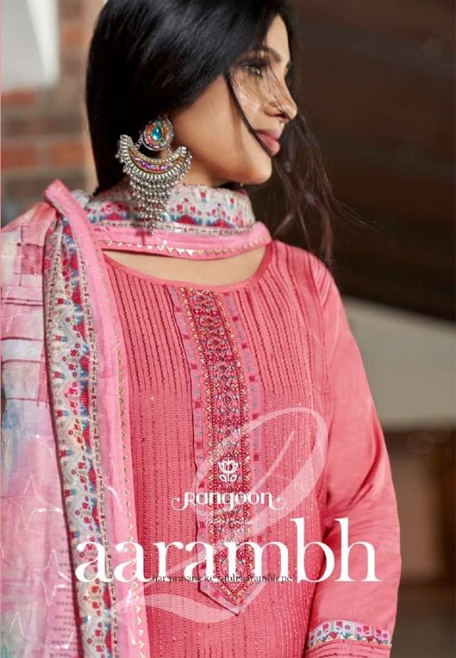 AARAMBH VOL-2 BY RANGOON 3821 TO 3824 SERIES MUSLIN SEQUANCE STITCHED DRESSES