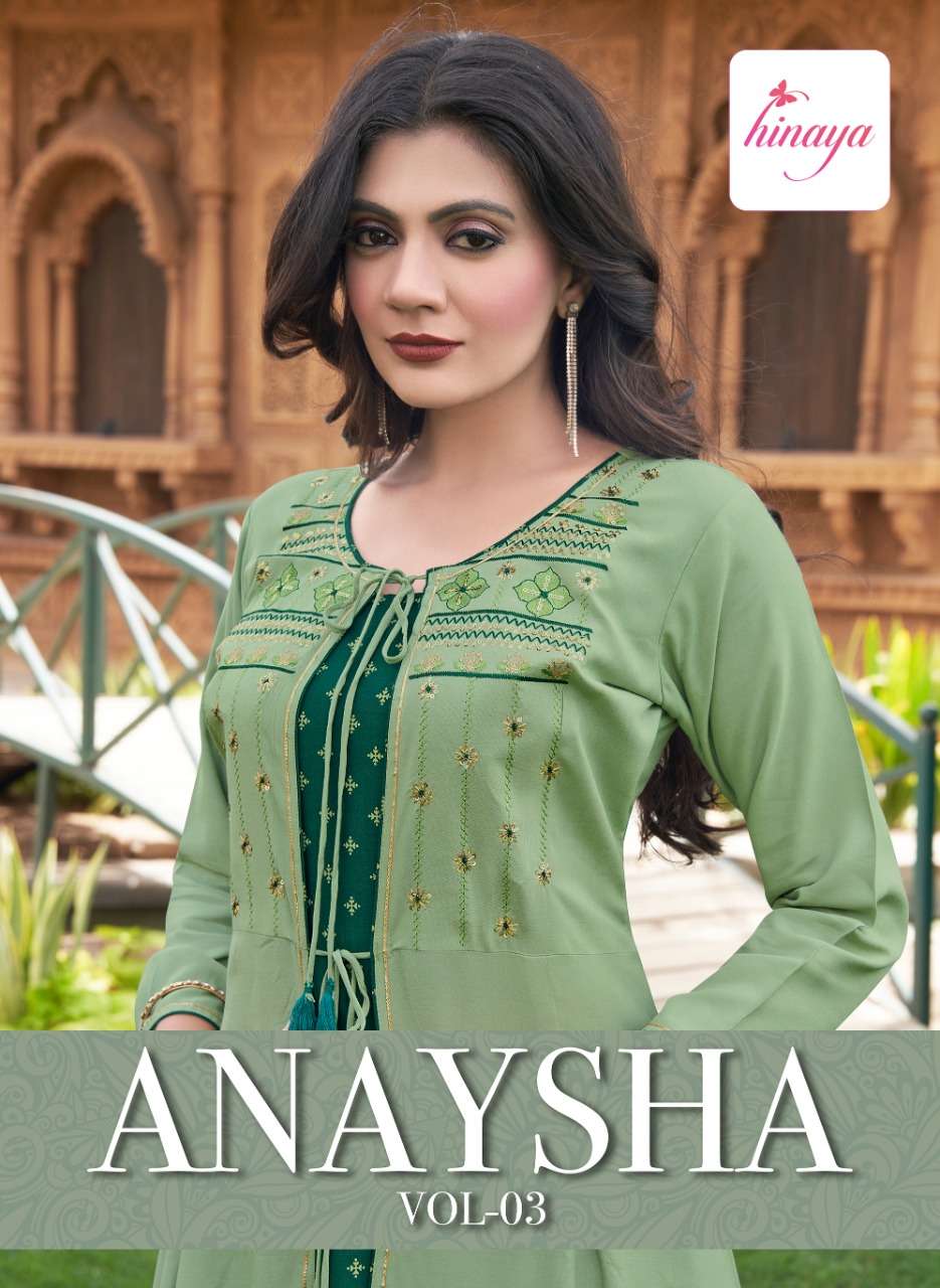 ANAYSHA VOL-3 BY HINAYA 3001 TO 3004 SERIES RAYON WORK JACKET KURTIS