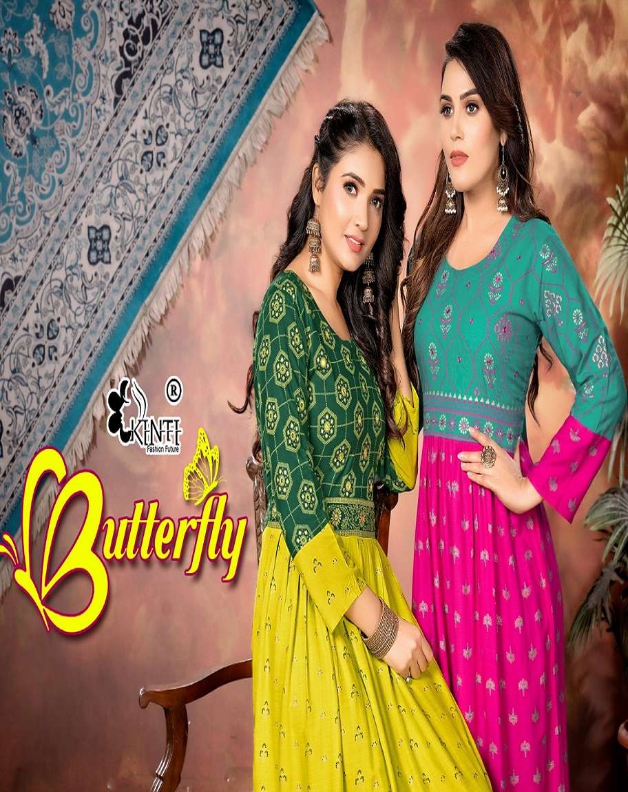 BUTTERFLY BY KINTI 101 TO 108 SERIES RAYON FOIL PRINT MIRROR WORK KURTIS