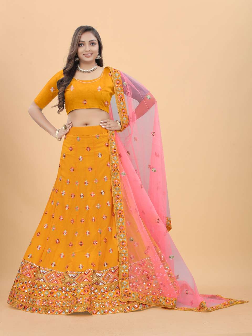 CODE-4908 BY ASLIWHOLESALE HEAVY GORGETTE EMBROIDERY WORK LEHENGA