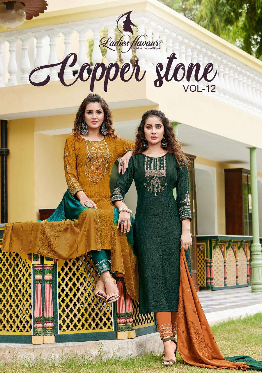 COPPER STONE VOL-12 BY LADIES FLAVOUR 1201 TO 1206 SERIES VISCOSE STITCHED DRESSES