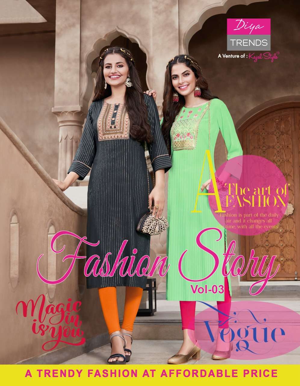 FASHION STORY VOL-3 DIYA TRENDZ 3001 TO 3012 SERIES RAYON EMBROIDERY KURTIS