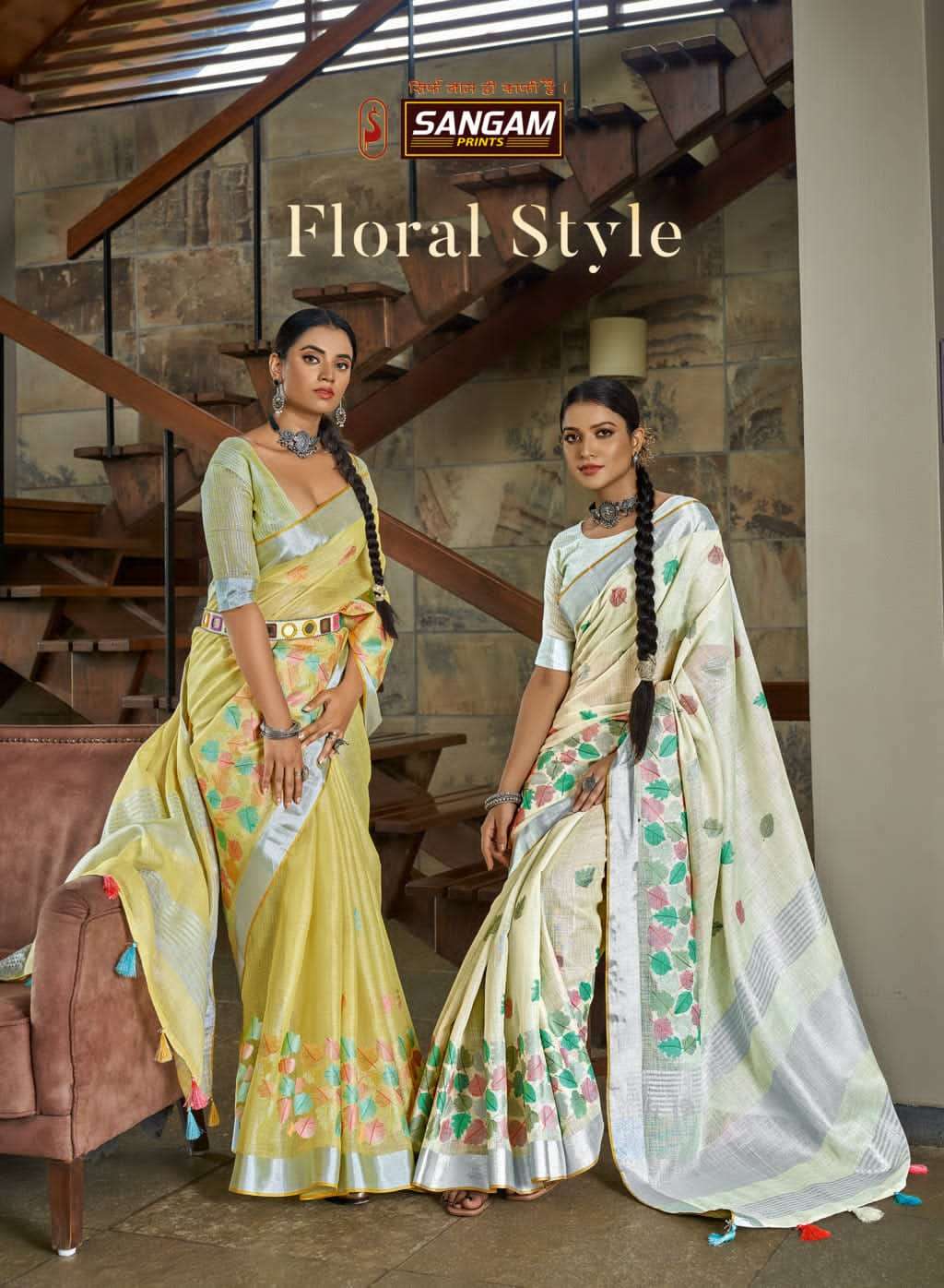 FLOWER STYLE BY SANGAM PRINTS 1001 TO 1008 SERIES LINEN EMBROIDERY SAREES