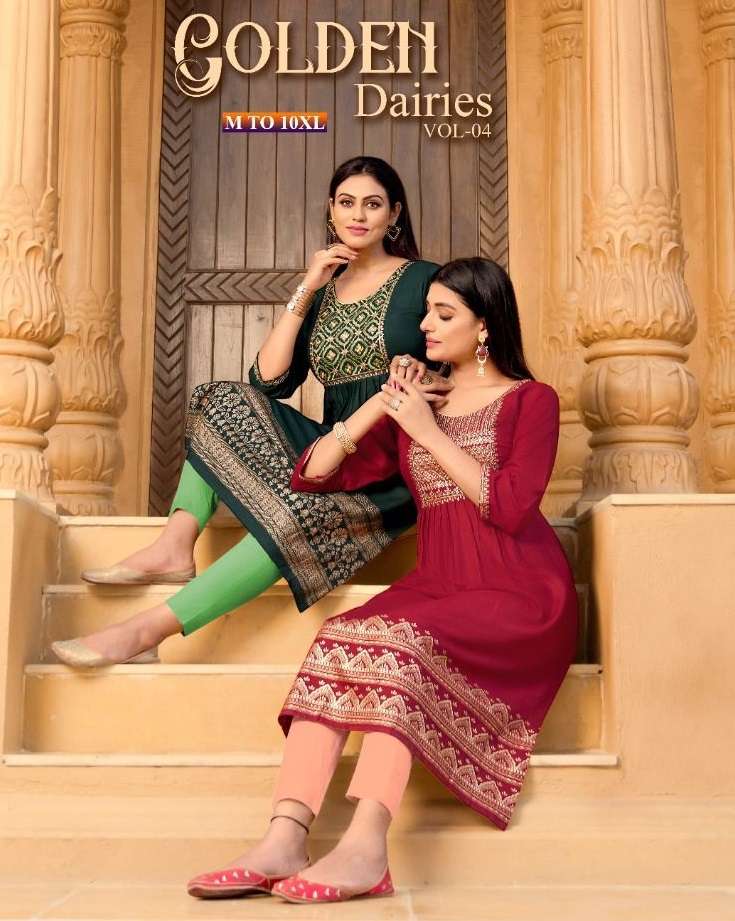 GOLDEN DAIRIES VOL-4 BY ASLIWHOLESALE 1001 TO 1008 SERIES RAYON PRINT KURTIS