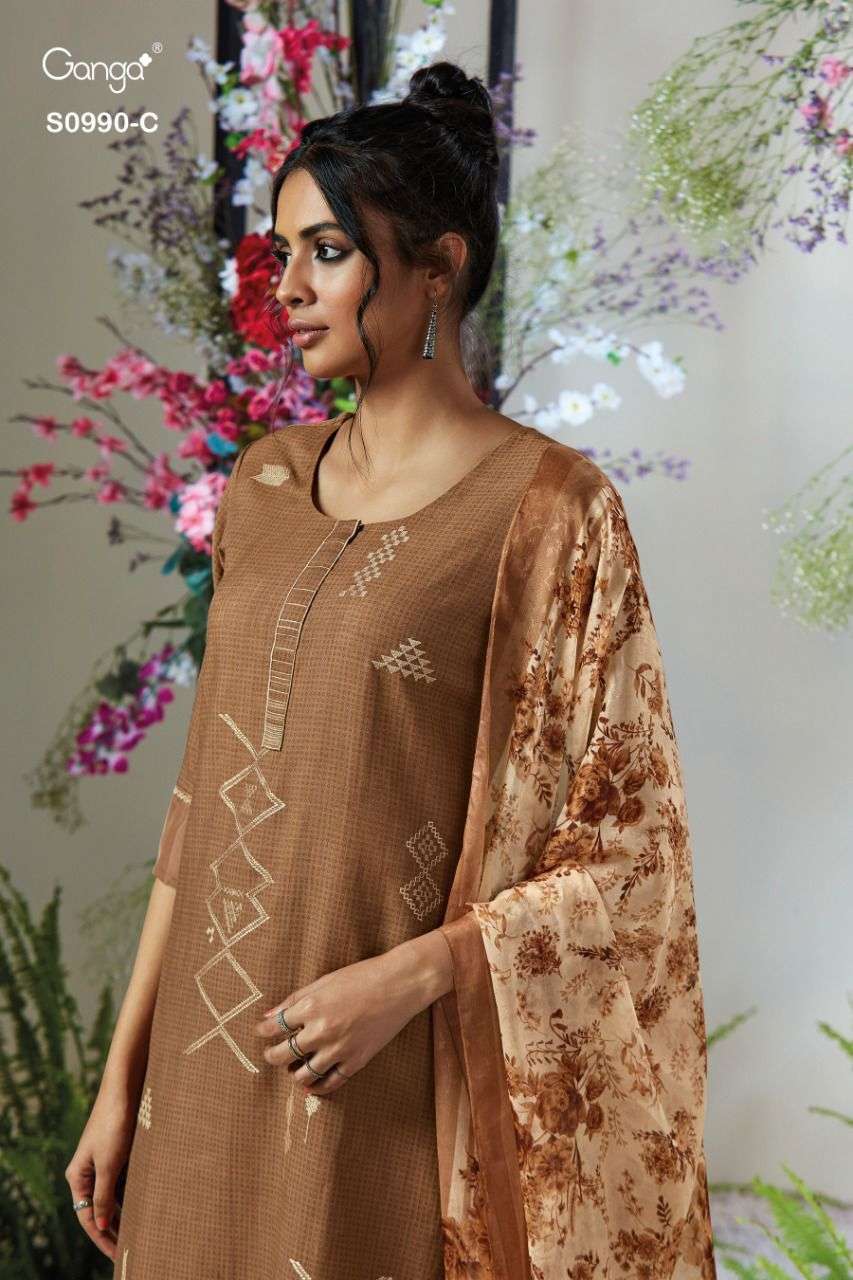 LIVIA-990 BY GANGA FASHION 990-A TO 990-D SERIES SILK PRINT EMBROIDERY DRESSES