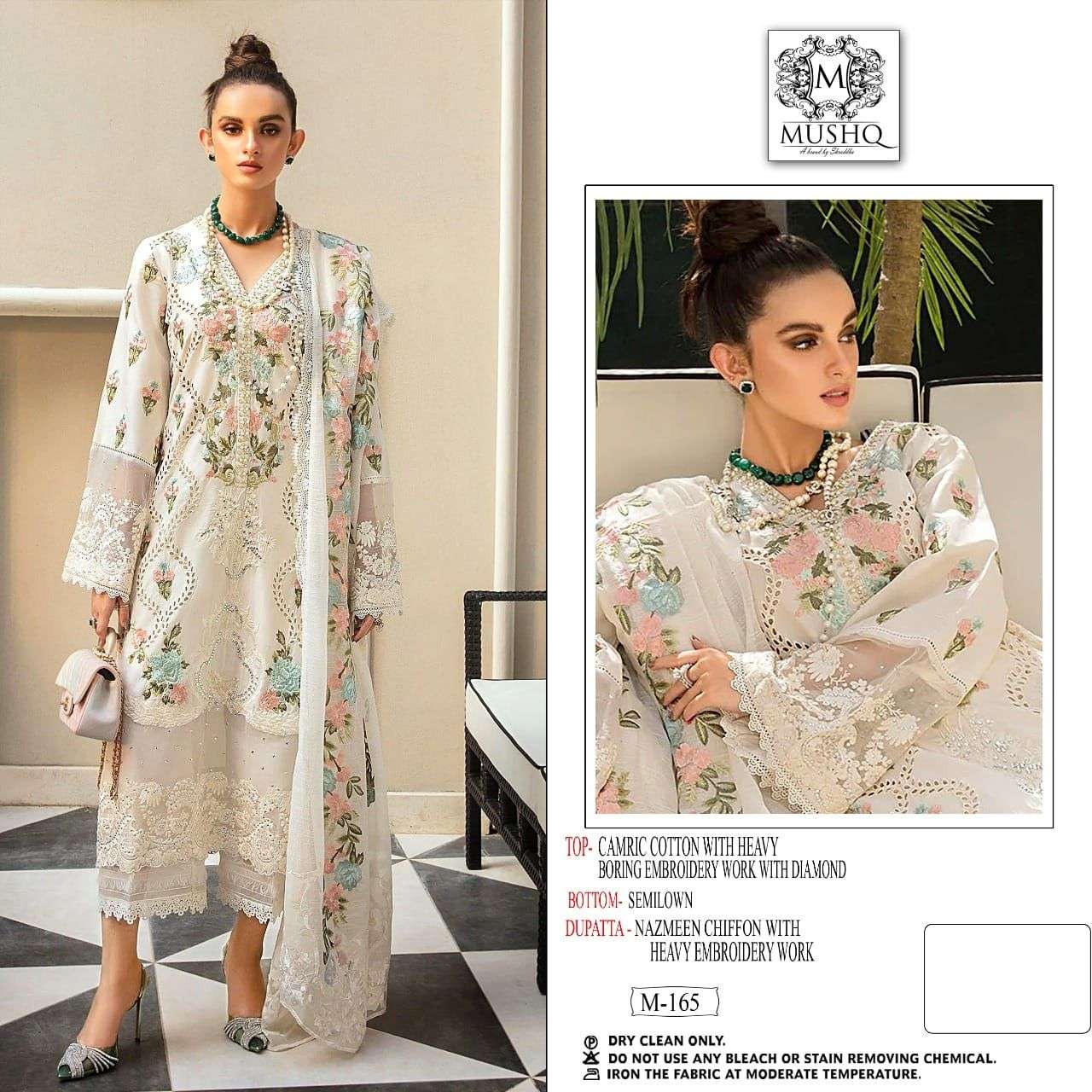 M-165 HIT DESIGN BY MUSHQ CAMBRIC COTTON EMBROIDERY PAKISTANI DRESS