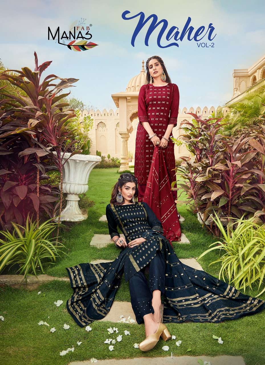 MAHER VOL-2 BY MANAS FAB 107 TO 112 SERIES PURE VISCOSE WORK STITCHED DRESSES