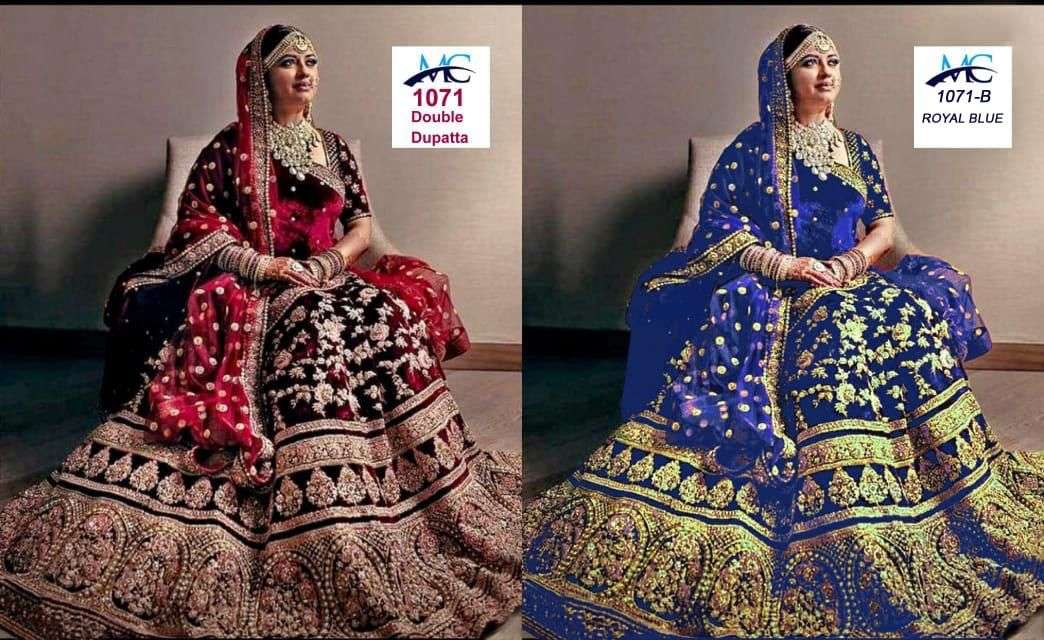 MC-1071 QUEEN BY MANSI CREATION PURE VELVET EMBROIDERY BRIDAL LEHENGAS