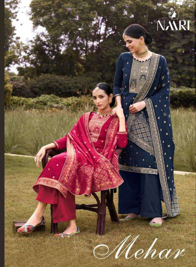 MEHAR BY NAARI 4301 TO 4304 SERIES MUSLIN JACQUARD DRESSES