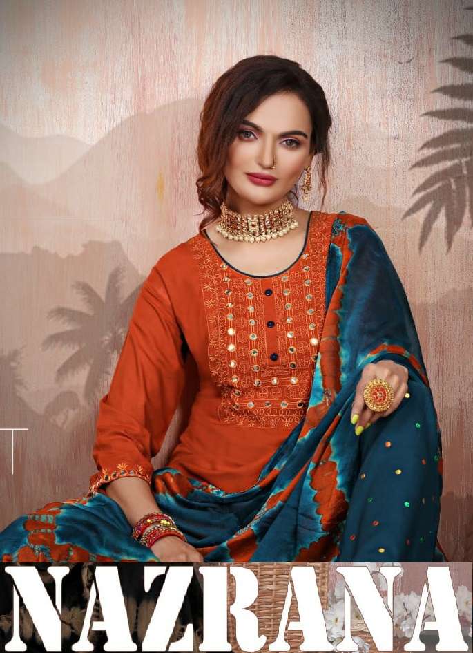 NAZRANA BY MAJEERA 01 TO 08 SERIES RAYON WORK PATIYALA STITCHED DRESSES