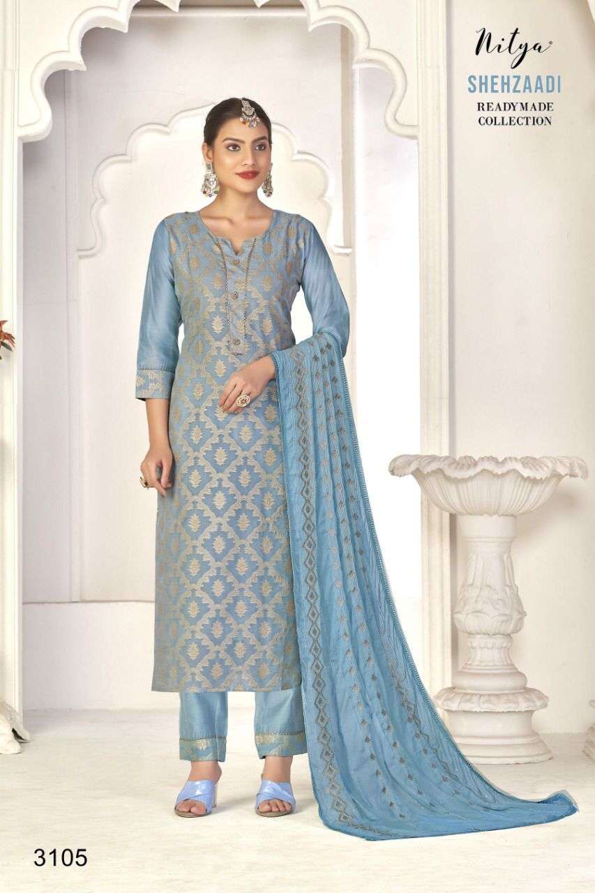 NITYA SHEHZAADI BY LT FABRICS 3101 TO 3108 SERIES CHANDERI JACQUARD STITCHED DRESSES