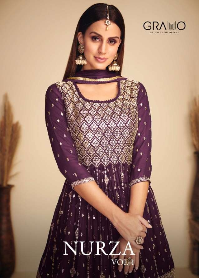 NURZA VOL-1 BY GRAMO 5001 TO 5004 SERIES FAUX GEORGETTE EMBROIDERY STITCHED DRESSES