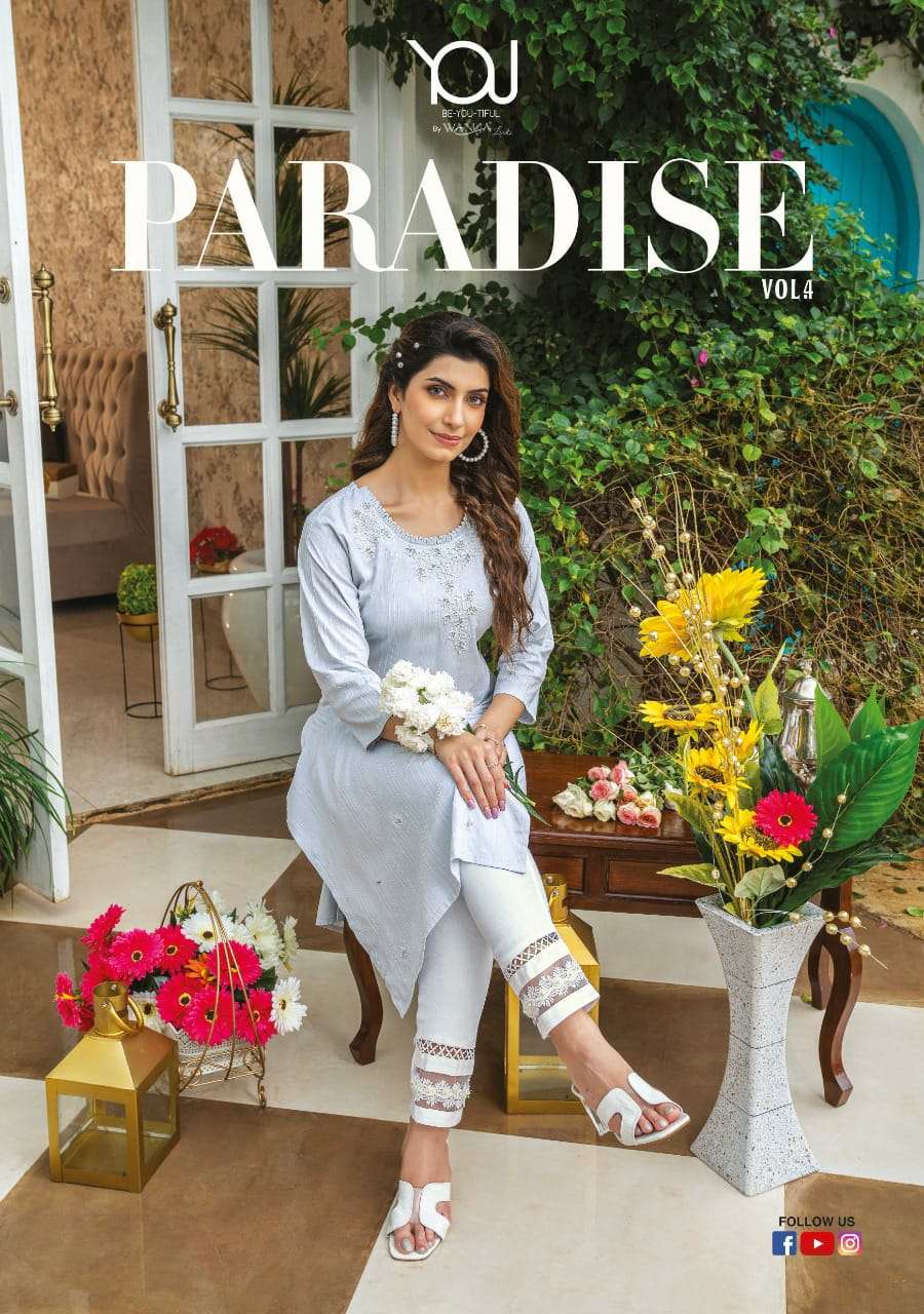 PARADISE VOL-4 BY WANNA LOOKS 401 TO 407 SERIES RAYON WORK KURTIS AND PANTS