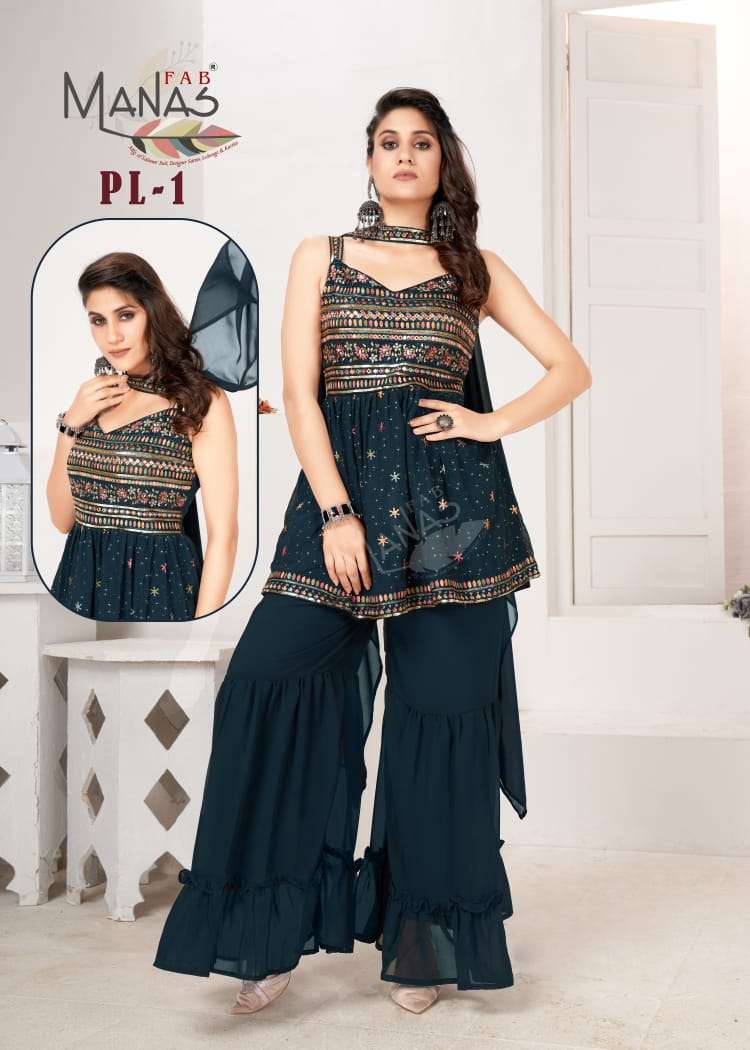 PL-1 BY MANAS FAB DESIGNER GEORGETTE SHARARA STITCHED DRESSES