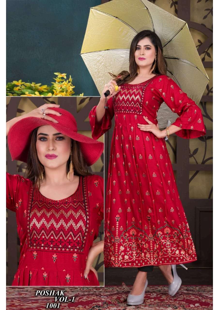 POSHAK VOL-1 BY ASLIWHOLESALE 1001 TO 1008 SERIES RAYON SEQUANCE WORK KURTIS