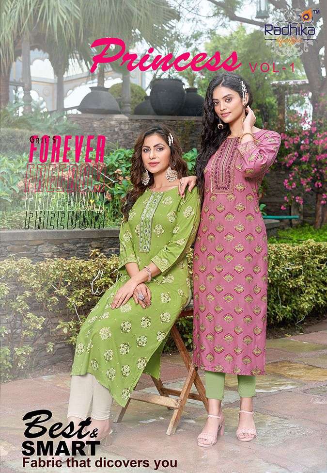 PRINCESS VOL-1 BY RADHIKA LIFESTYLE 1001 TO 1010 SERIES RAYON EMBROIDERY KURTIS