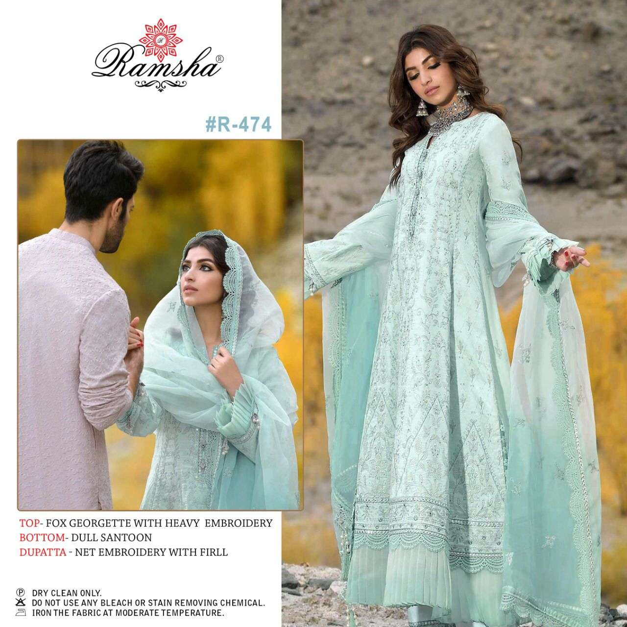 R-474 HIT DESIGN BY RAMSHA FAUX GEORGETTE EMBROIDERY PAKISTANI DRESS