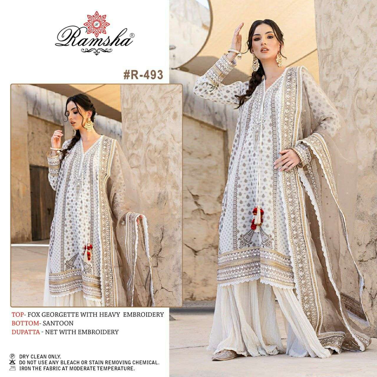 R 493 HIT DESIGN BY RAMSHA FAUX GEORGETTE EMBROIDERY PAKISTANI DRESS