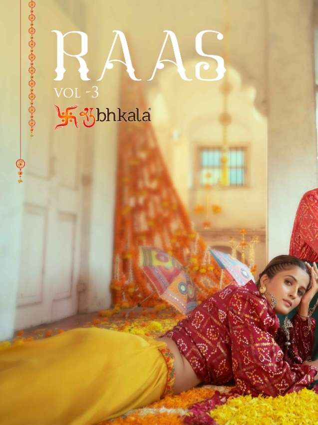 RAAS VOL-3 BY SHUBHKALA 2101 TO 2108  SERIES MUSLIN SILK NAVRATRI LEHENGAS