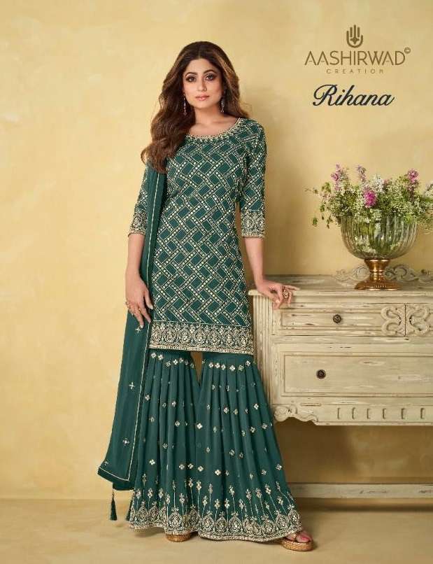 RIHANA BY AASHIRWAD CREATION 9171 TO 9174 SERIES GEORGETTE STITCHED SHARARA DRESSES