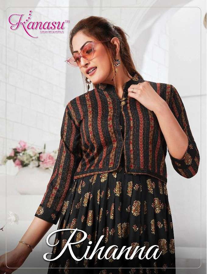 RIHANNA BY KANASU 401 TO 408 SERIES RAYON EMBROIDERY KURTIS