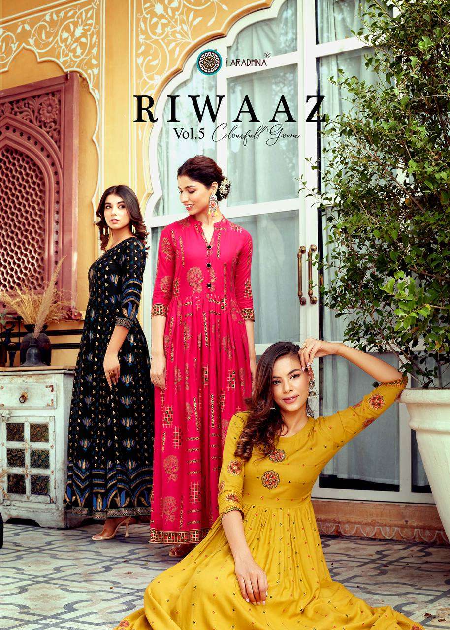 RIWAAZ VOL-5 BY ARADHNA FASHION 5001 TO 5012 SERIES RAYON LONG KURTIS