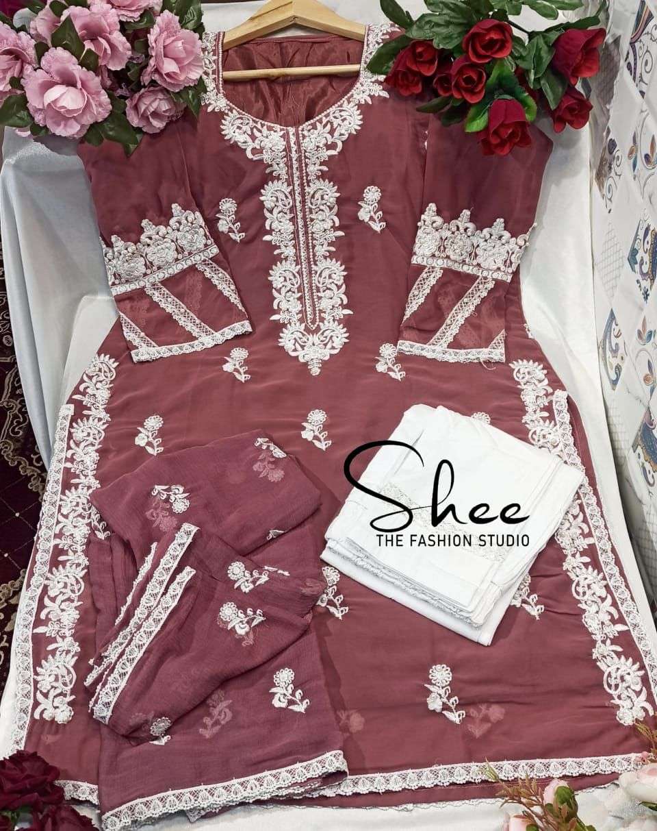 SHEE-102 NX BY ASLIWHOLESALE FAUX GEORGETTE EMBROIDERY STITCHED DRESSES