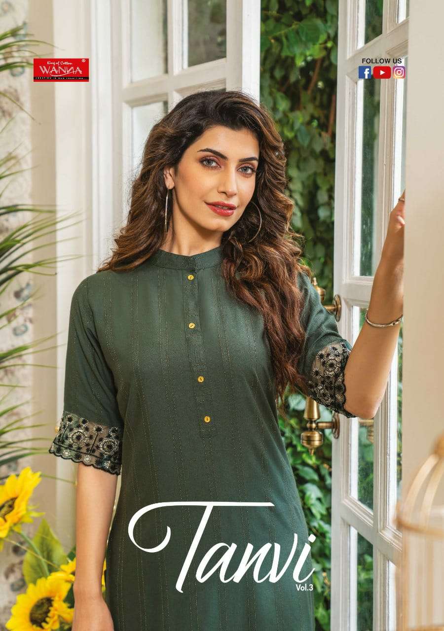 TANVI VOL-3 BY WANNA LOOKS 301 TO 306 SERIES RAYON EMBROIDERY KURTIS