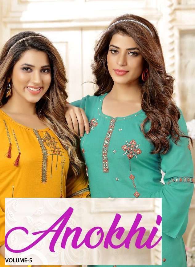 ANOKHI VOL-5 BY MAIRA 501 TO 508 SERIES RAYON EMBROIDERY KURTI & PANTS