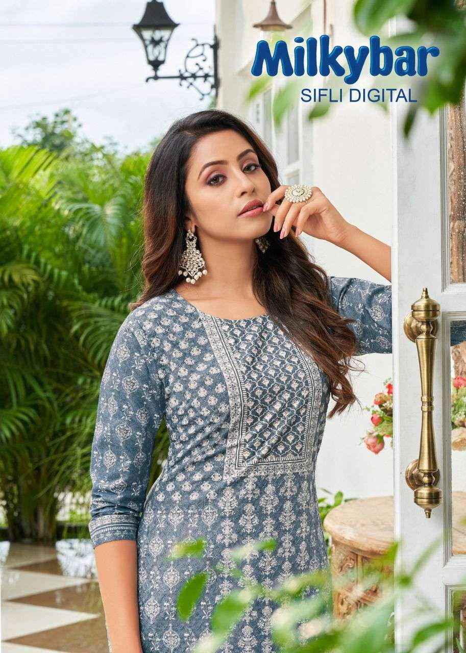 ARTIO MILKY BAR BY KAPIL TRENDZ 45001 TO 45012 SERIES COTTON SCHIFLI KURTIS