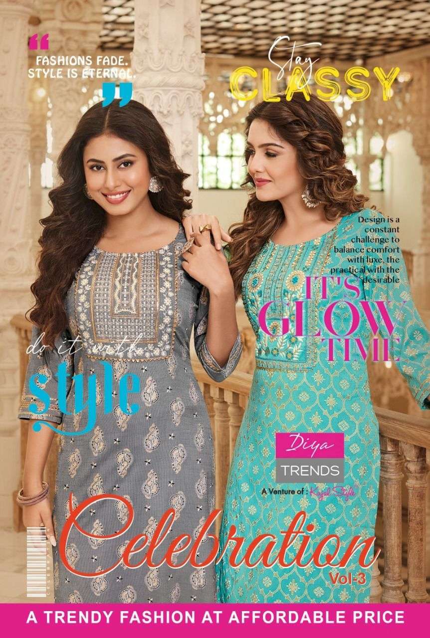 CELEBRATION VOL-3 BY DIYA TRENDZ 3001 TO 3010 SERIES RAYON EMBROIDERY SEQUENCE KURTIS